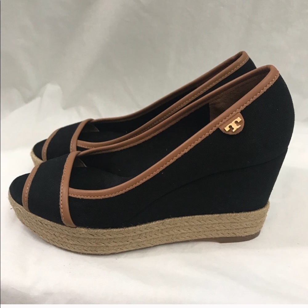 Tory Burch Black and Tan Wedge Espadrilles
